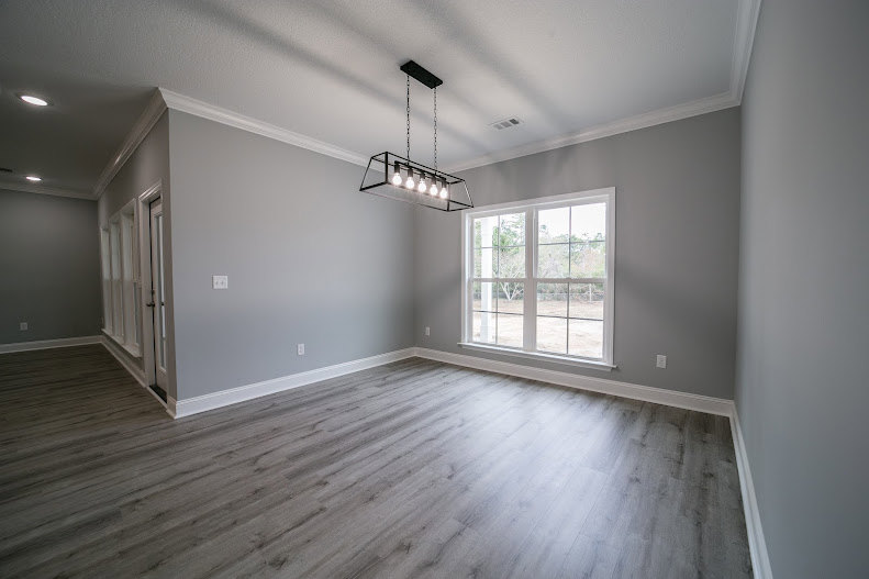 Open room with wide plank wood flooring, white plaster walls, and modern pendant light fixture hanging from smooth ceiling