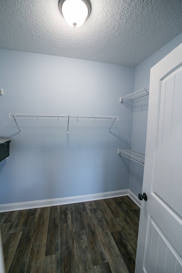 Walk-in closet with built-in white shelves, wood flooring with white baseboard trim, white plaster walls, and ceiling-mounted light fixture