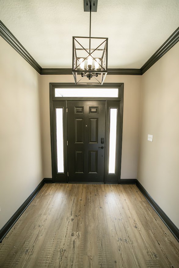 Black door with a rectangular window in a hallway, wood floor illuminated by natural light, three-bulb ceiling fixture, white plaster walls with molding.