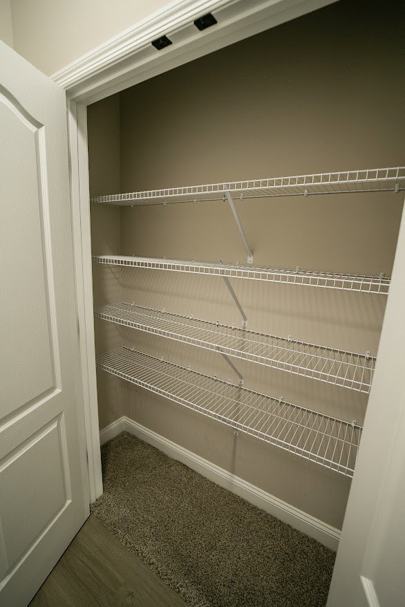 Walk-in closet with white wire shelving and carpeted floor, plaster walls, and a white door.