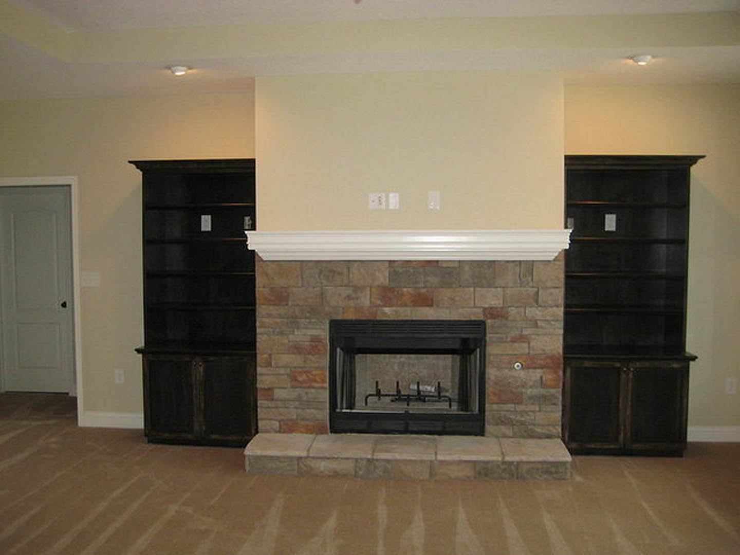 Modern living room with black-framed glass fireplace, built-in black bookcase with white accents, wood flooring, and minimalist hearth design
