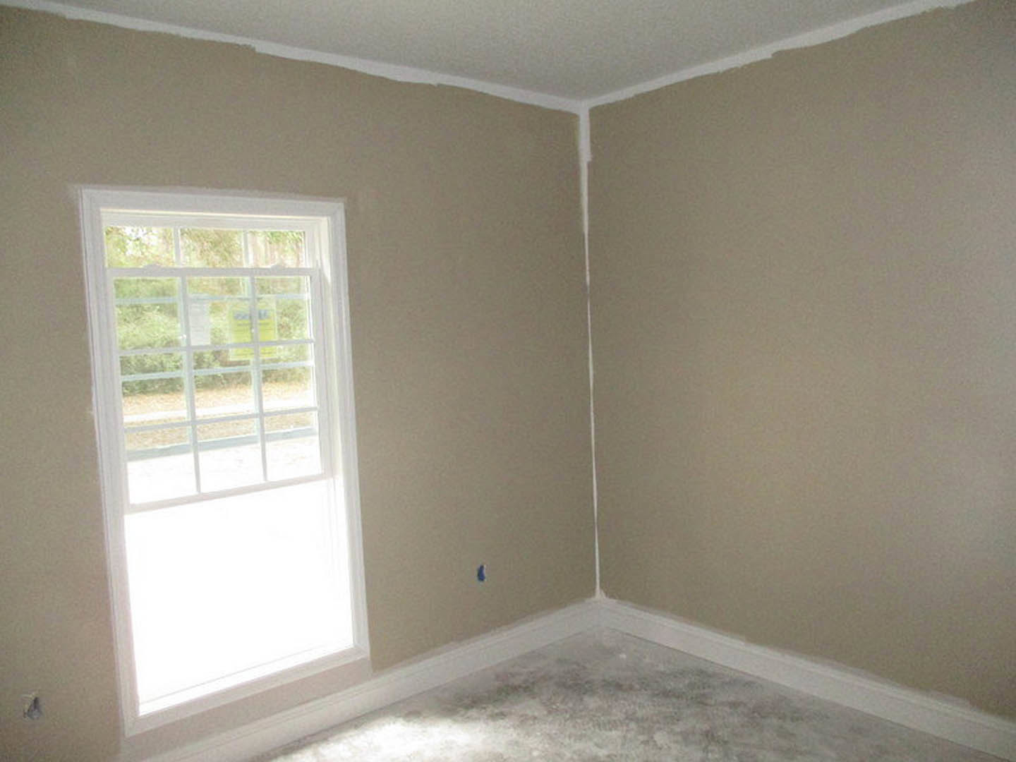Neutral-toned room with white plaster walls, large window framed by white molding, and light carpeted flooring