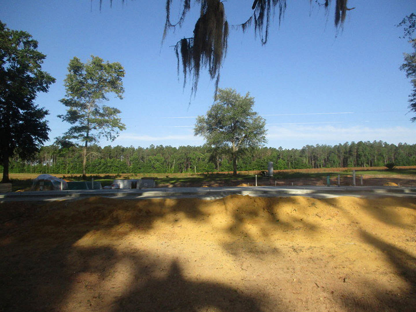 Dirt field bordered by green-leaved trees, patches of grass, and moss hanging from branches under a partly cloudy sky