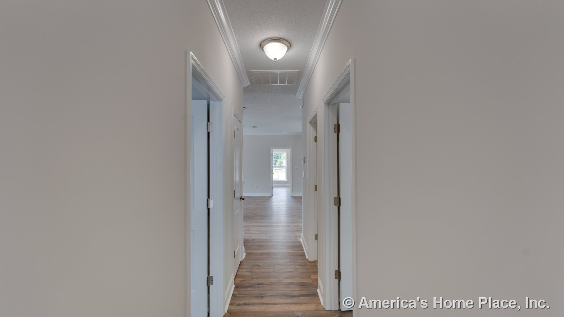 Hallway with wood-look plank flooring, white baseboards and crown molding, flush ceiling light, multiple doorways, and white walls