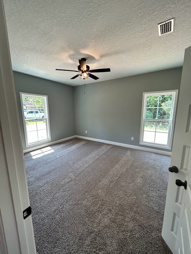 Carpeted room featuring a ceiling fan with light, multiple windows offering views of trees, white door with glass panel, and wall vent.