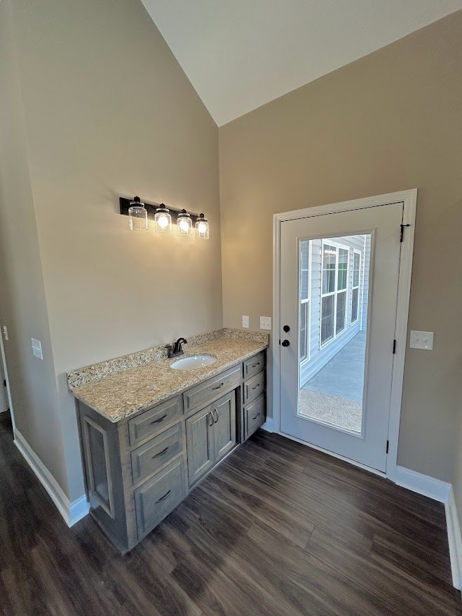 Bathroom with marble countertop sink, row of glass pendant lights, wood floor featuring black stripe, cabinetry drawers, and door with window panel.