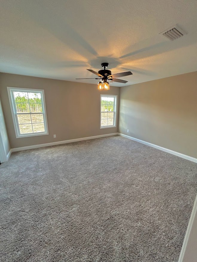Carpeted room with white-framed windows overlooking trees, ceiling fan with lights, plaster ceiling featuring a vent, neutral walls, and baseboards.