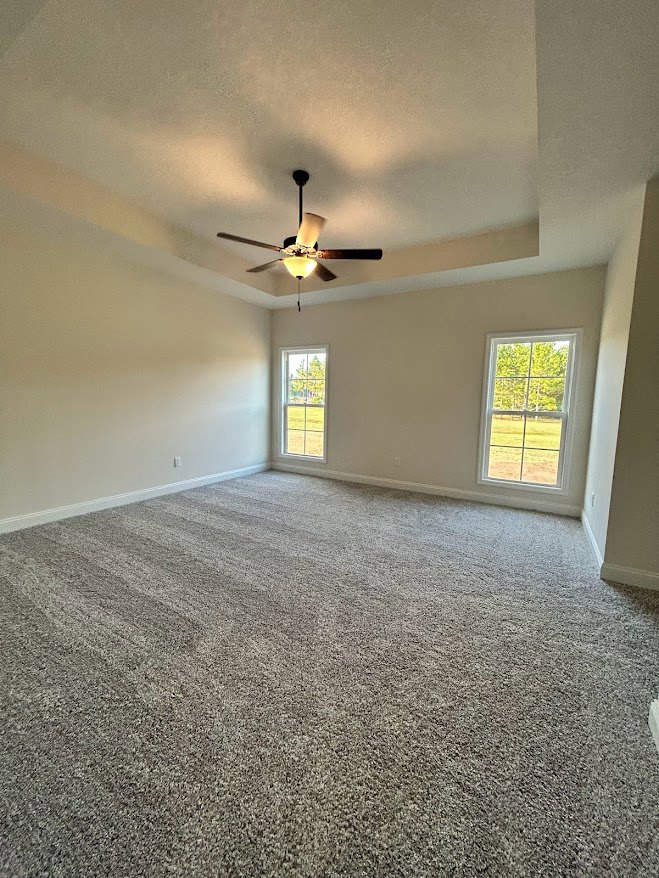 Ceiling fan with light fixture, plaster ceiling, large windows overlooking grassy field, neutral walls, hardwood flooring