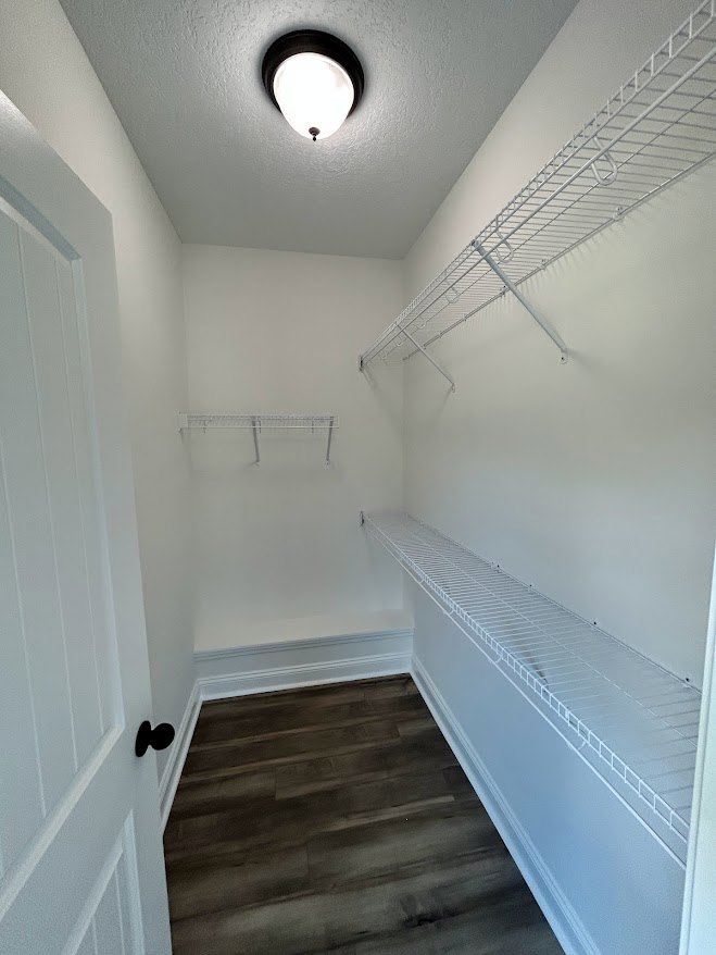 White closet with built-in shelves, wood floor with white trim, and ceiling light fixture