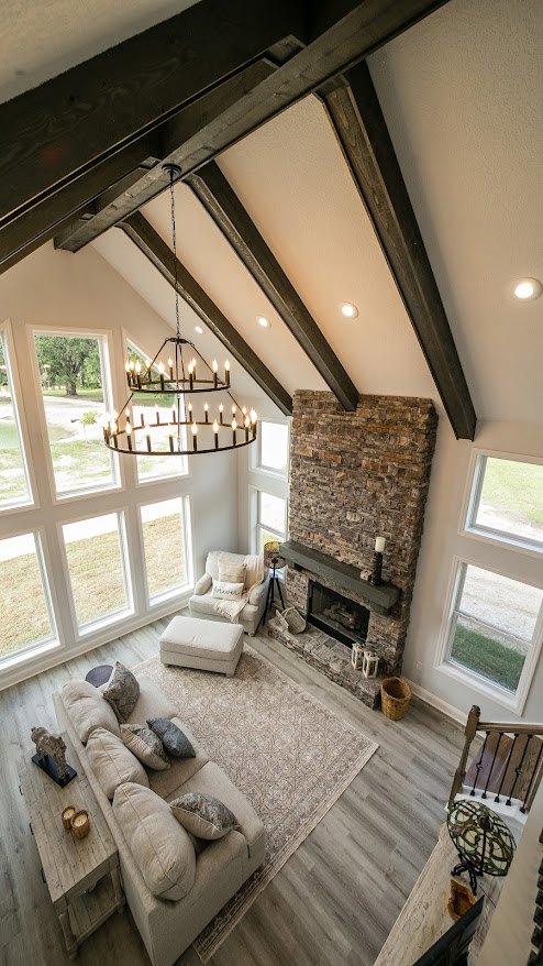 Living room with stone fireplace, crystal chandelier, white armchair draped with pillow and blanket, gray sofa with accent pillows, lamp on staircase, hardwood floors, large