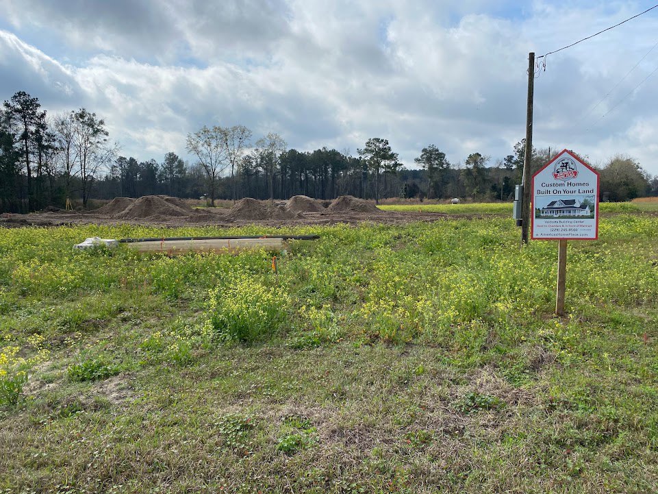 Wooden post with rectangular sign in grassy field, dirt piles scattered across uneven ground, dense cluster of trees in background beneath cloudy sky, close-up leafy plant in