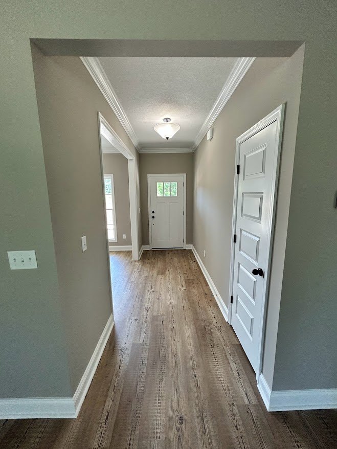 Hallway with light wood flooring, white plaster walls, and several white doors including one with a glass window panel
