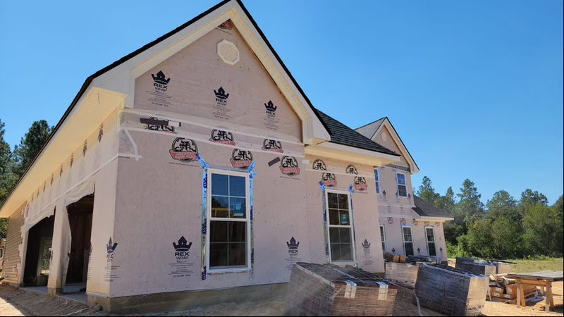 Framed house under construction with exposed wood beams, white window frames, and unfinished porch beneath clear blue sky