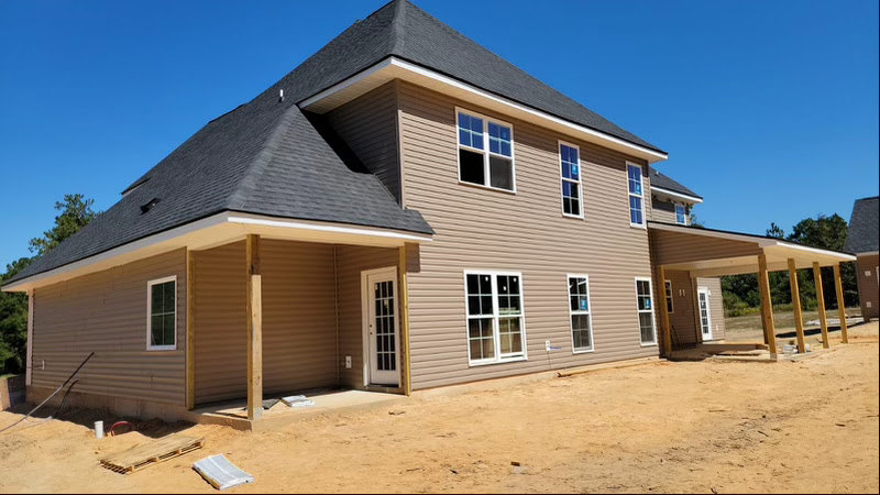 Partially built house with white multi-pane windows, exposed pillars, unfinished siding, and a long rope hanging from the structure, set against a clear blue sky and dirt path.