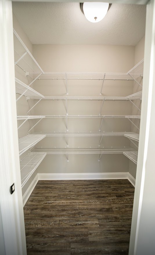 Empty closet with built-in white shelves, wood flooring, white plaster walls, and ceiling-mounted light fixture