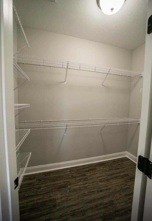 Closet with built-in white shelves, dark wood flooring, white trim, and recessed ceiling light