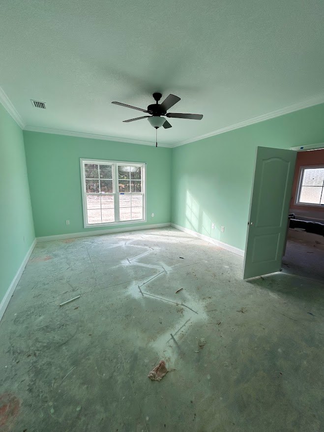 Ceiling fan with light fixture mounted above a room featuring a green accent wall, white wall, window with white trim, and green door.